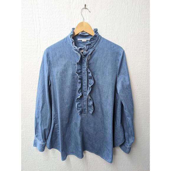 Stella McCartney Blue Denim Ruffle High Low Snap Shirt Top Size 44 - Picture 1 of 8
